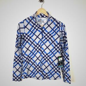 IBKUL Womens Pullover 1/4‎ Zip Long Sleeve Athletic Top Blue Patterned Mock Neck